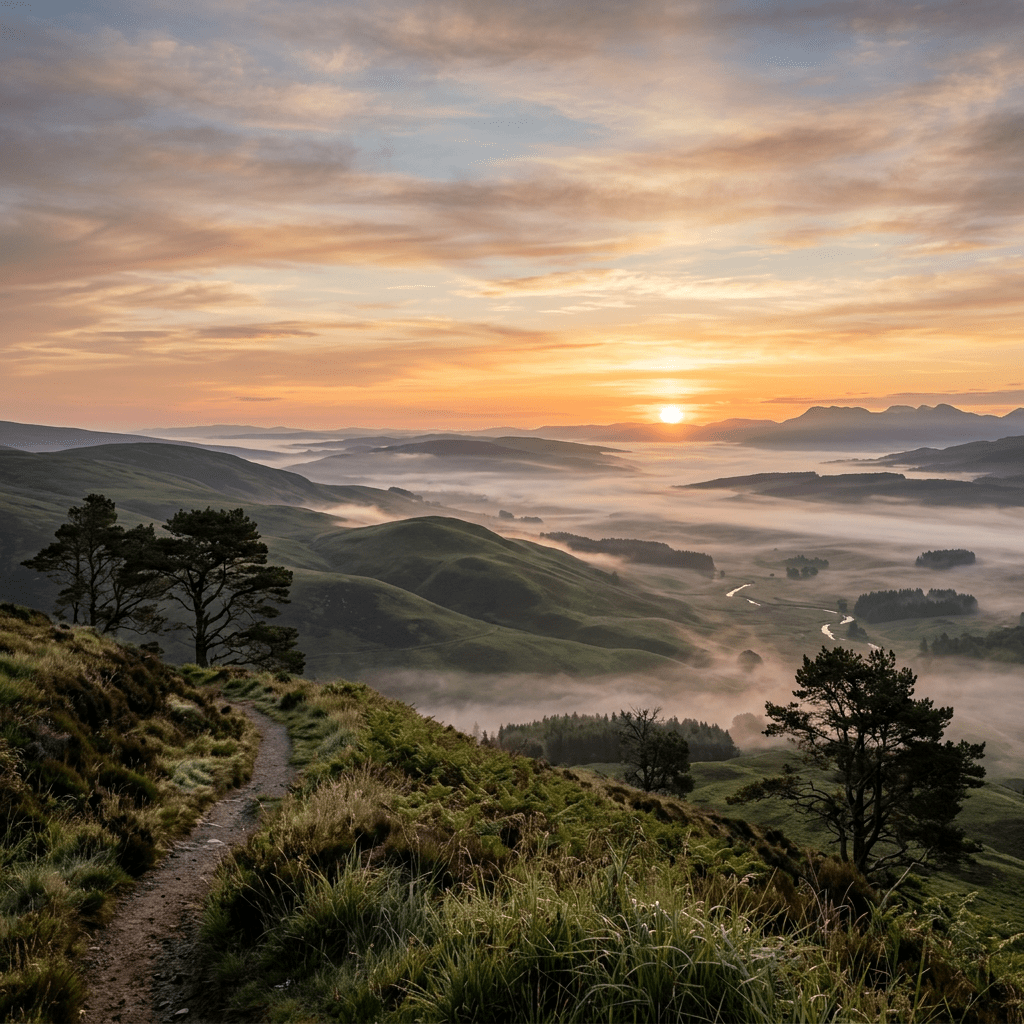 Sunrise over green rolling hills with mist in valley and trees