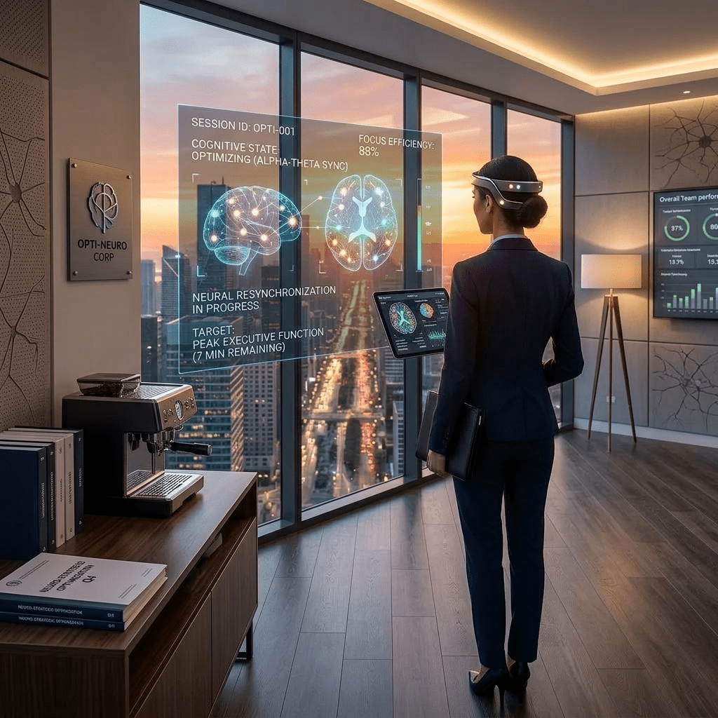 Person walking on forest path under glowing brain illustration representing mindfulness