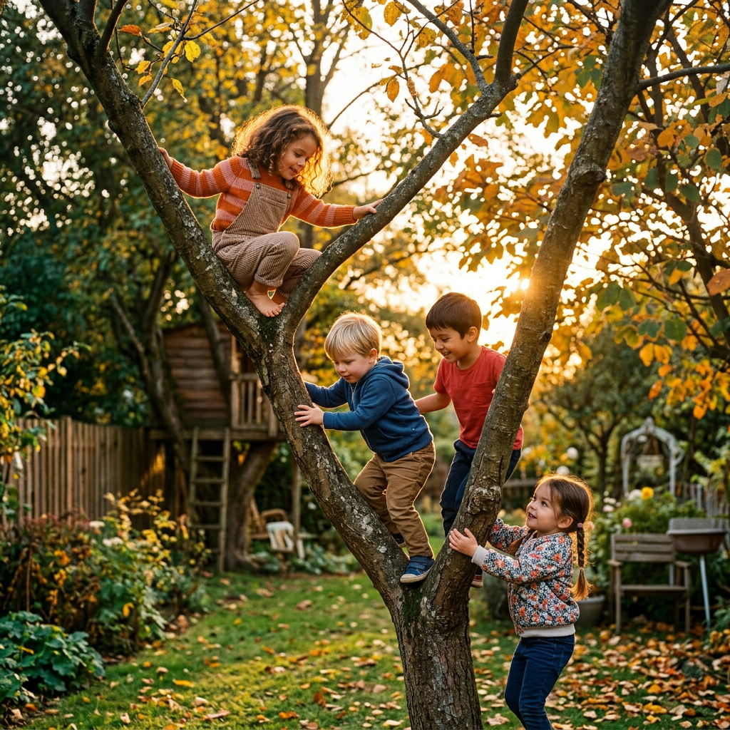 Kids climbing trees in warm sunlight