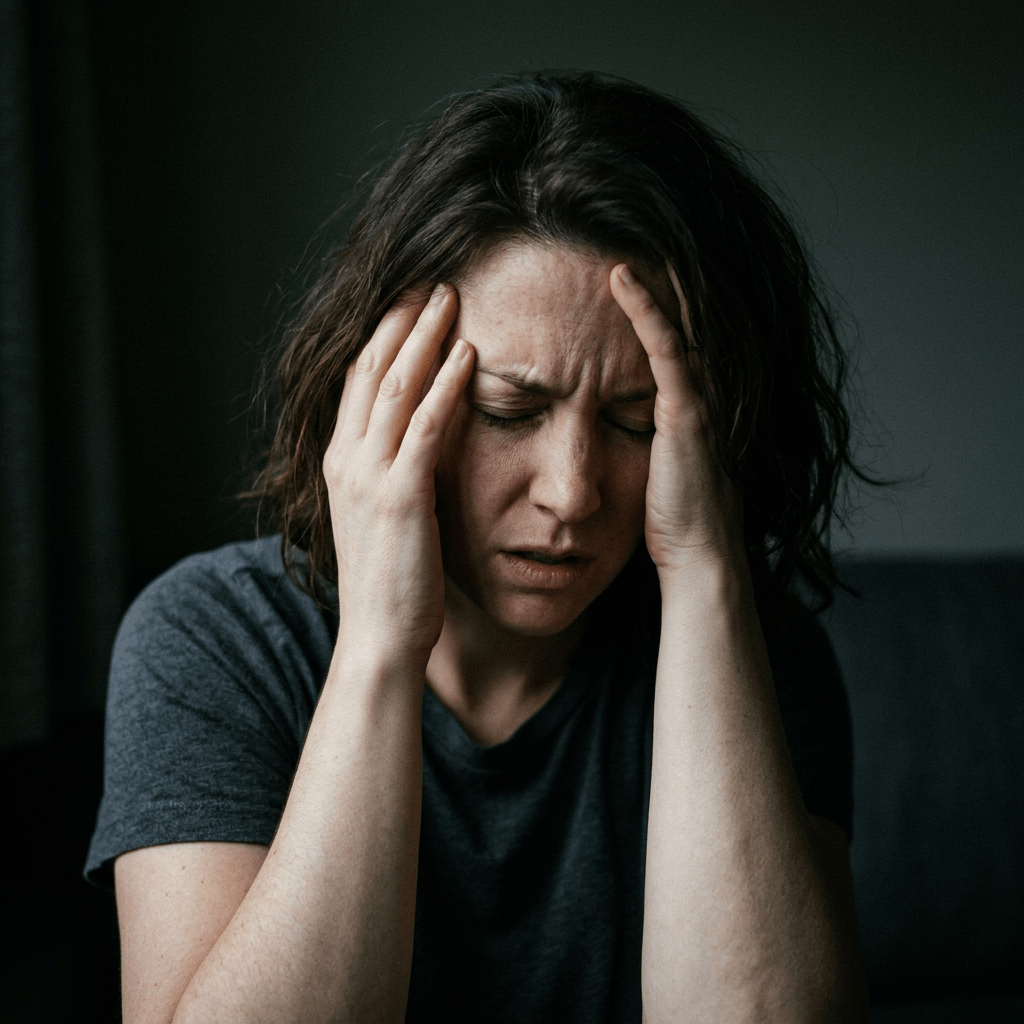 Person holding head in migraine pain, dark background