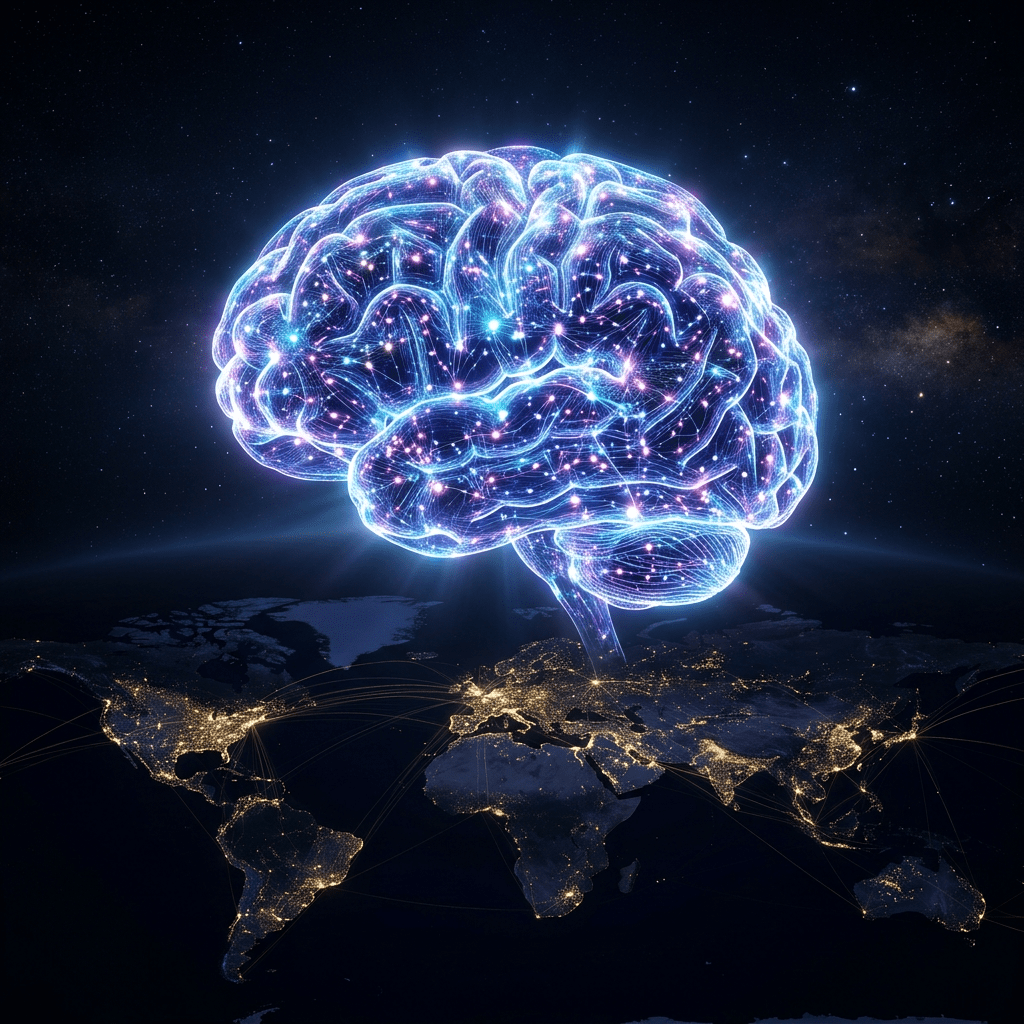 Digital glowing brain above Earth representing global neural network connections at night.