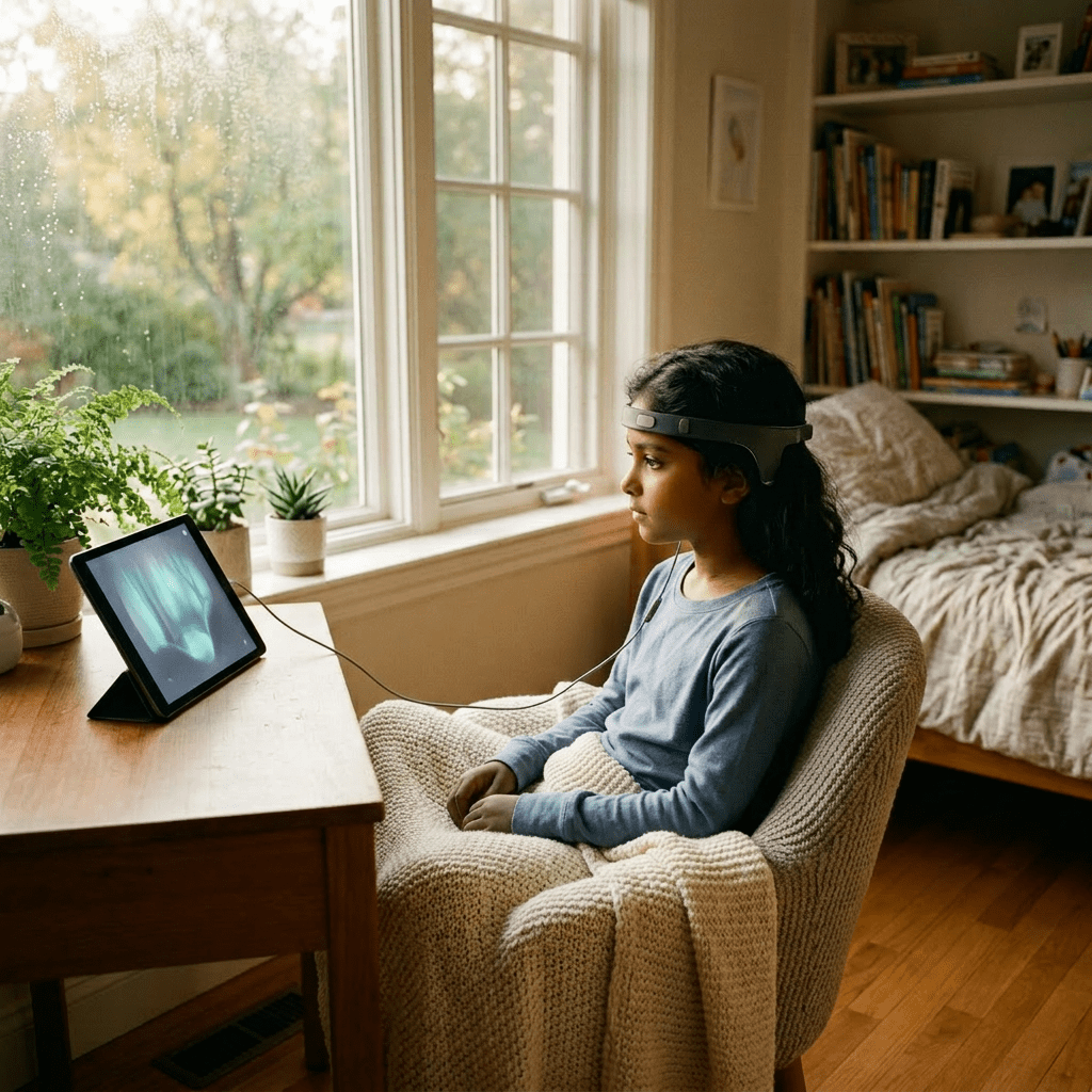 Young girl sitting in chair with brainwave headset watching tablet
