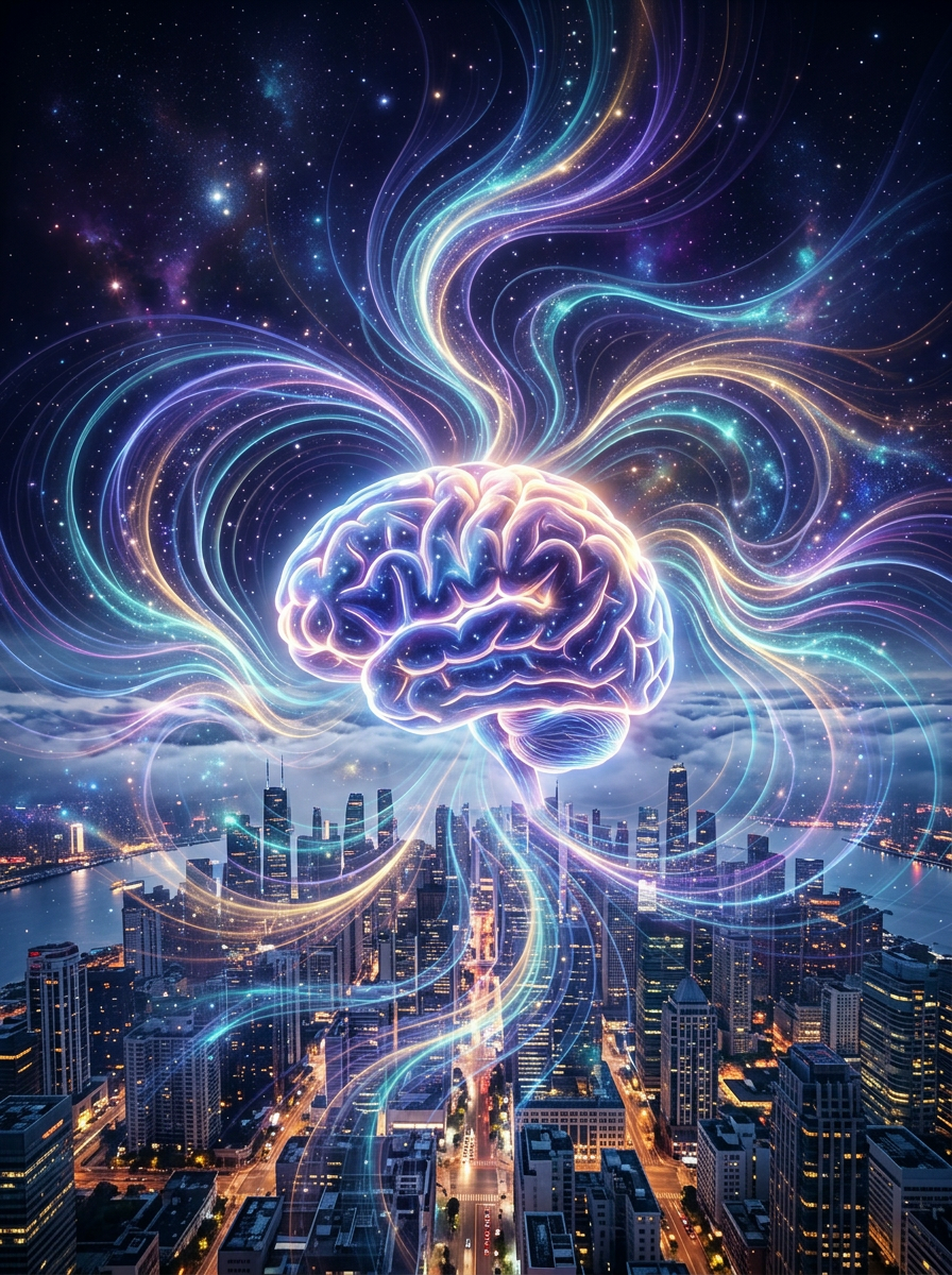 Glowing brain with colorful flowing energy streaks in space