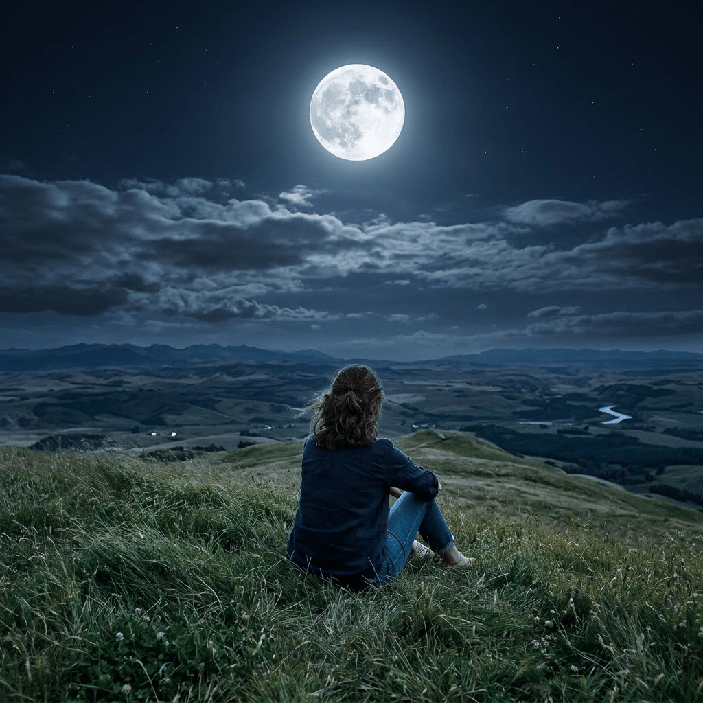 Person sitting on grass overlooking distant hills and a winding river under cloudy sky