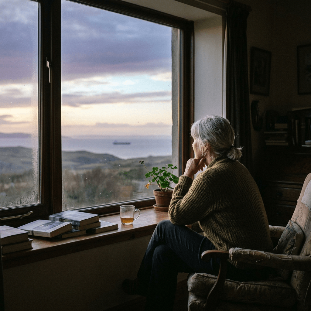 Person quietly looking out window at horizon