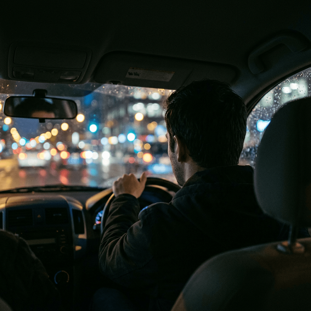 Man driving car stuck in heavy city traffic at dusk